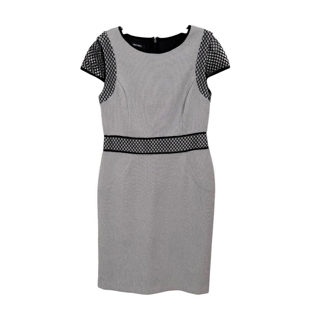 Nine West Black & White Textured Sheath Dress with Mesh Sleeves